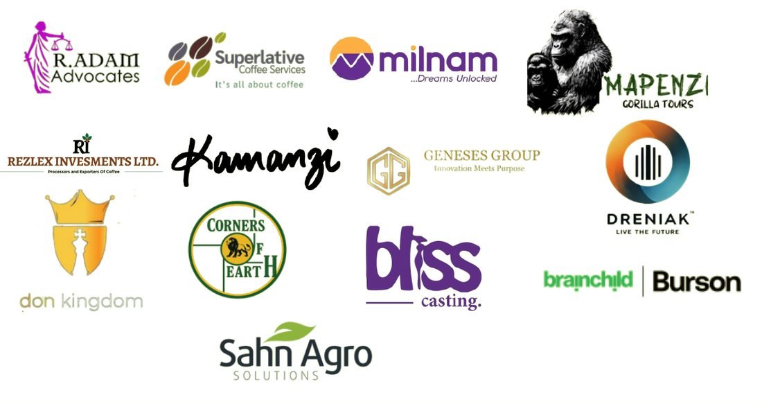 Logos of clients including R. Adam Advocates, Superlative Coffee Services, Milnam, Mapenzi Gorilla Tours, Rezlex Investments, Kamanzi, Geneses Group, Dreniak, Don Kingdom, Corners of Earth, Bliss Casting, Brainchild Burson and Sahn Agro Solutions