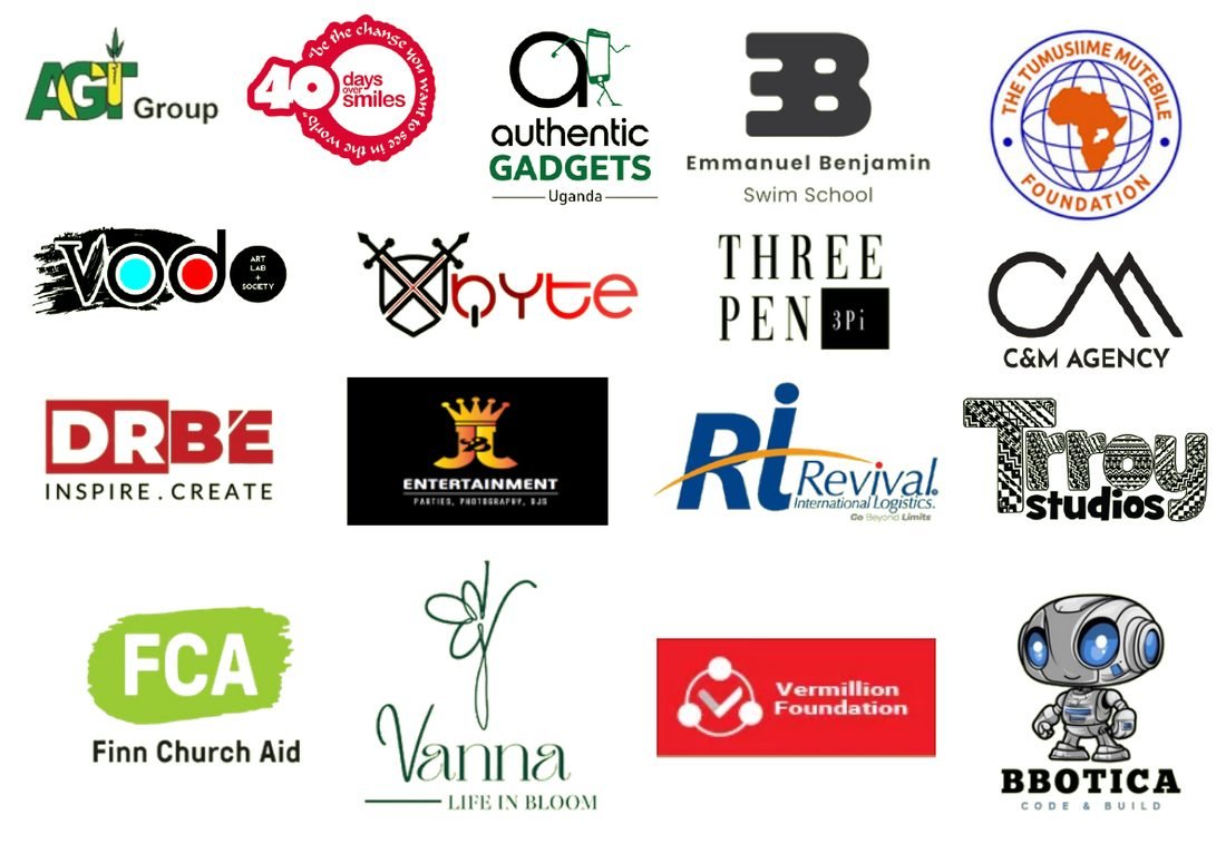 Logos of clients including AGT Group, 40 Days Over 40 Smiles, Authentic Gadgets Uganda, Emmanuel Benjamin Swim School, Tumusiime Mutebile Foundation, Vodo, XByte, Three Pen, C and M Agency, DRBE, Revival International Logistics, Troy Studios, Finn Church Aid, Vanna, Vermillion Foundation and BBotica